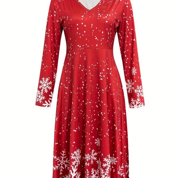 Christmas Print Dress, Casual V Neck Long Sleeve A-line Ruched Ankle Length Dress, Women's Clothing