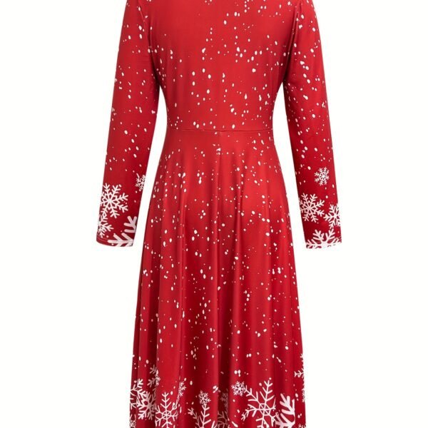 Christmas Print Dress, Casual V Neck Long Sleeve A-line Ruched Ankle Length Dress, Women's Clothing