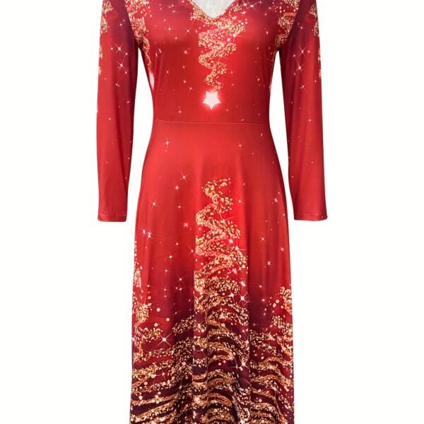 Elegant Christmas Tree & Star Print Dress - V-Neck, Long Sleeve, A-Line Midi for Women - Perfect for Spring/Fall