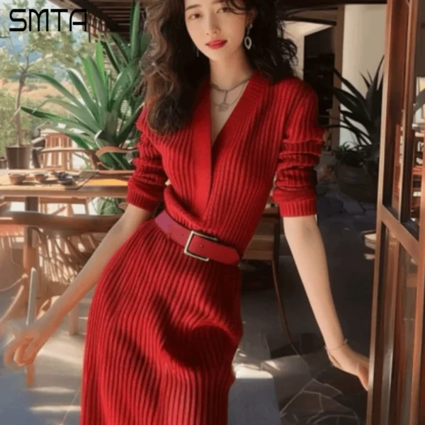 Women's Red Knitted Sweater Dress V Neck Long Sleeve Tie Up Plunging Luxury Birthday Wedding Nightclub Party Autumn