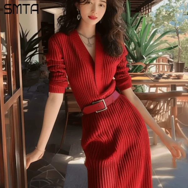 Women's Red Knitted Sweater Dress V Neck Long Sleeve Tie Up Plunging Luxury Birthday Wedding Nightclub Party Autumn