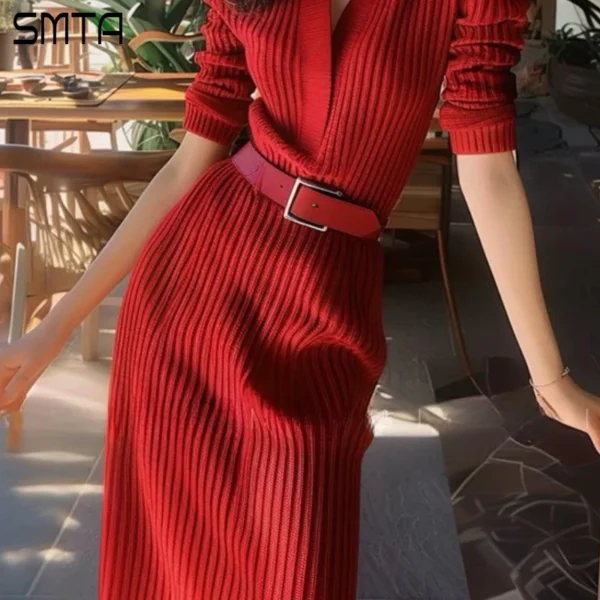 Women's Red Knitted Sweater Dress V Neck Long Sleeve Tie Up Plunging Luxury Birthday Wedding Nightclub Party Autumn