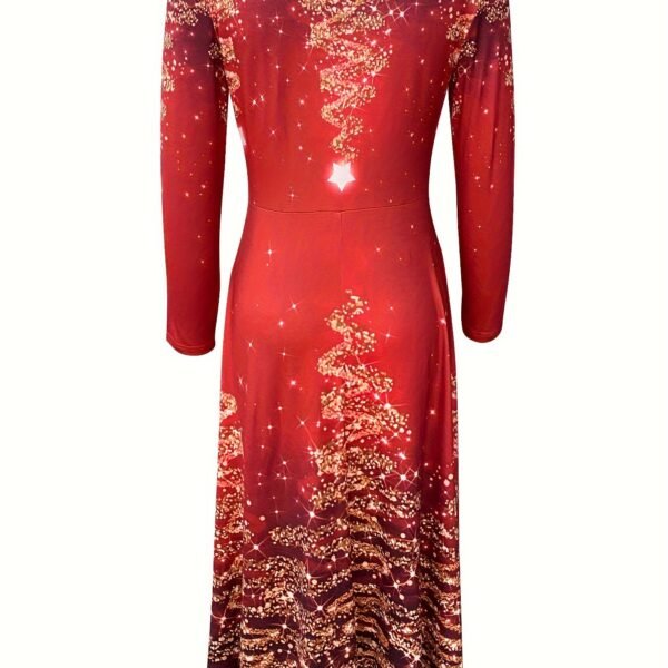 Elegant Christmas Tree & Star Print Dress - V-Neck, Long Sleeve, A-Line Midi for Women - Perfect for Spring/Fall