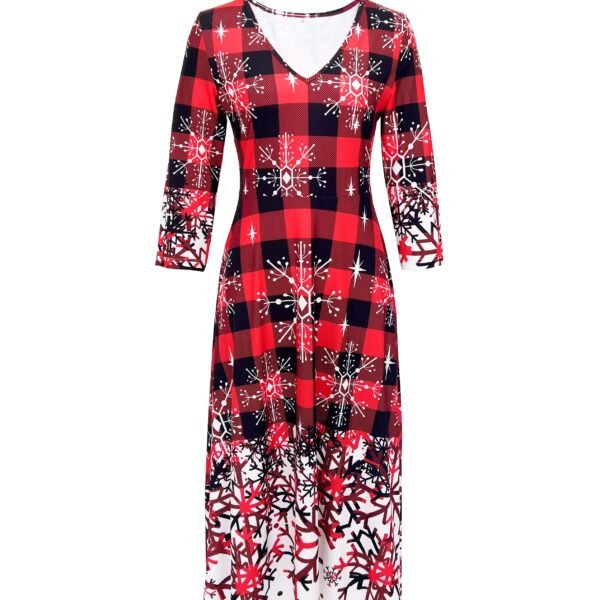 Elegant Christmas Print Dress for Women - V-Neck, A-Line Swing, Knit Fabric with Dacron and Spandex Blend - Polyester 95%, Elastane 5% - Festive Holiday Pattern, Comfortable Fit for All Seasons